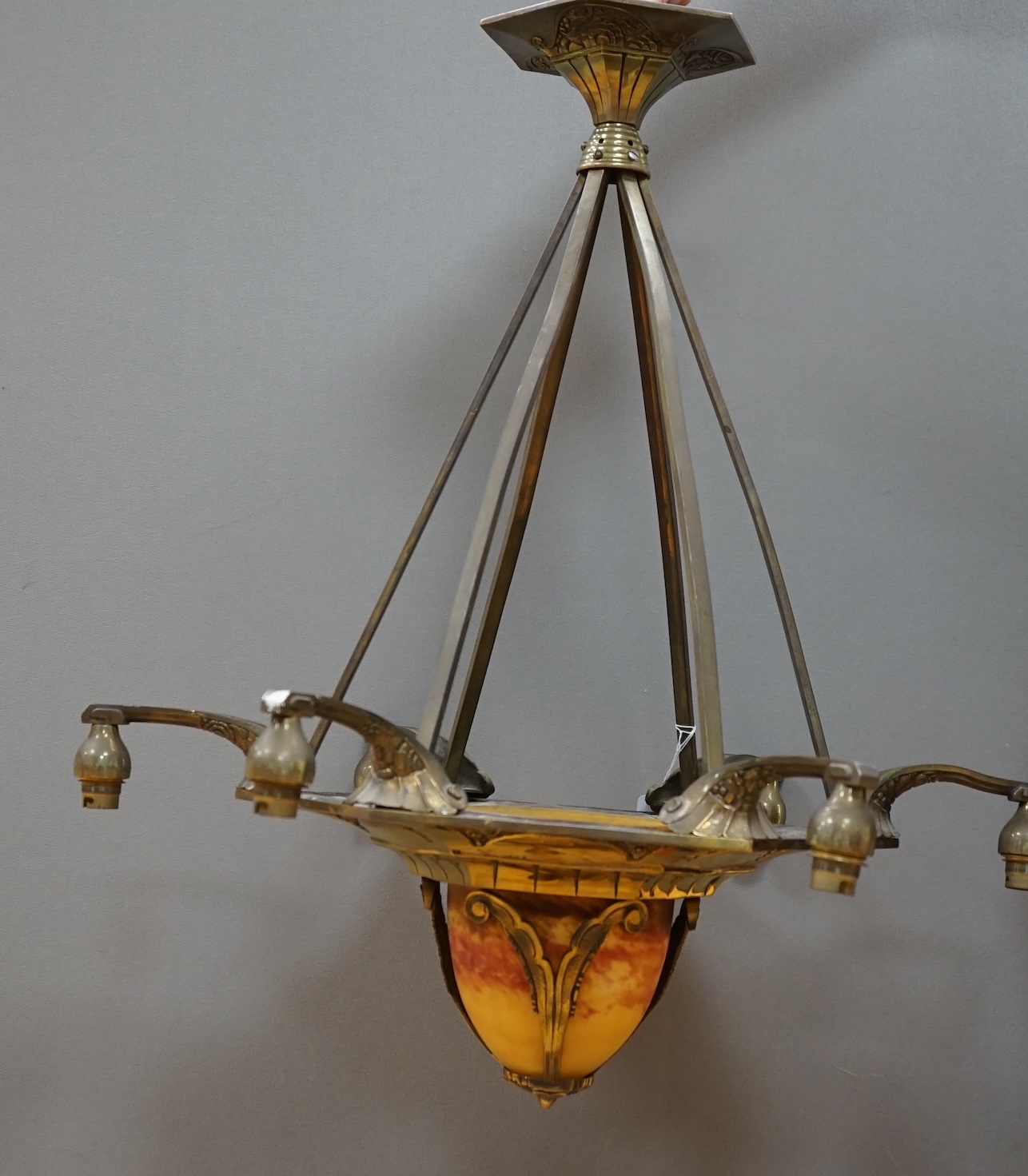 A French Art Deco hanging brass electrolier with Verre Deross mottled glass shade. Condition - good, untested